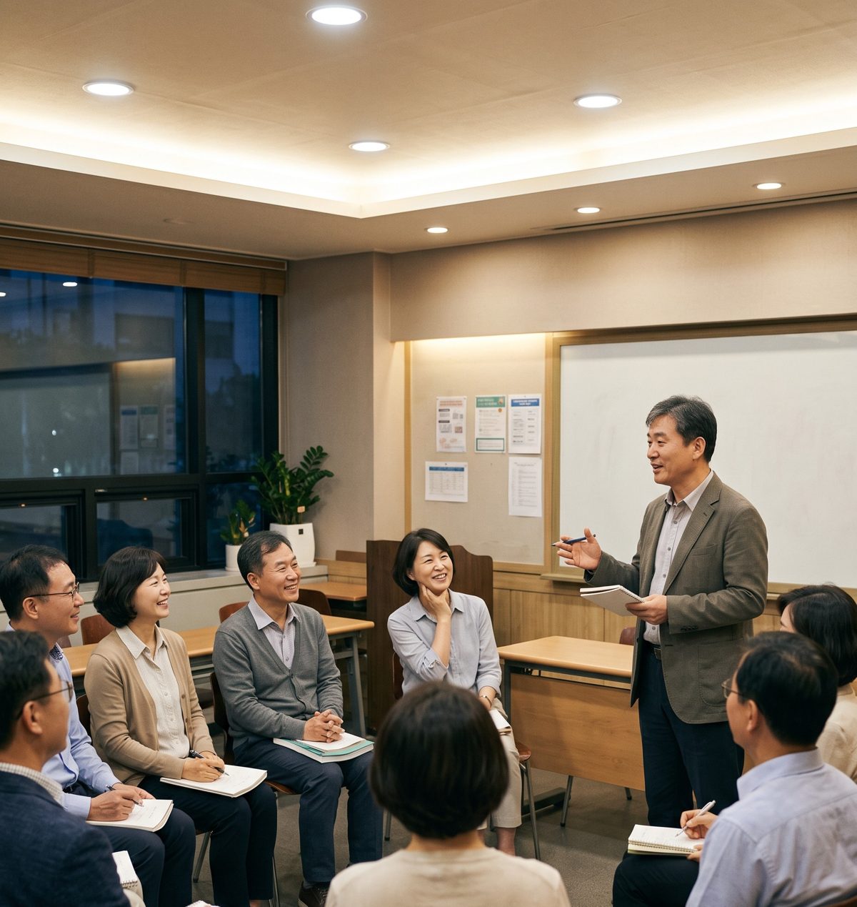 작은 강의실에서 둥글게 앉아 강사의 이야기를 듣는 사람들
